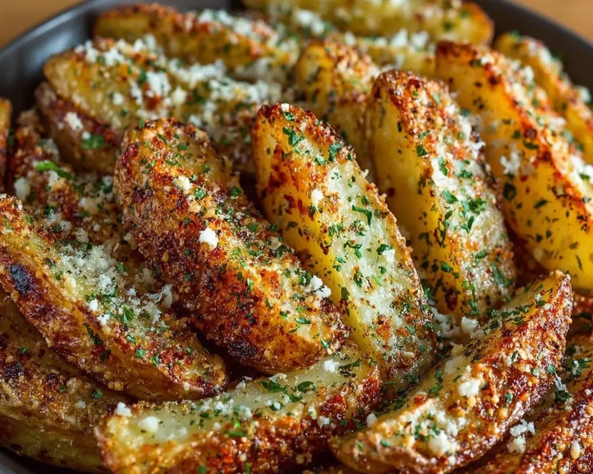 Baked Garlic Parmesan Potato Wedges served on a plate with fresh herbs