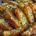 Baked Garlic Parmesan Potato Wedges served on a plate with fresh herbs