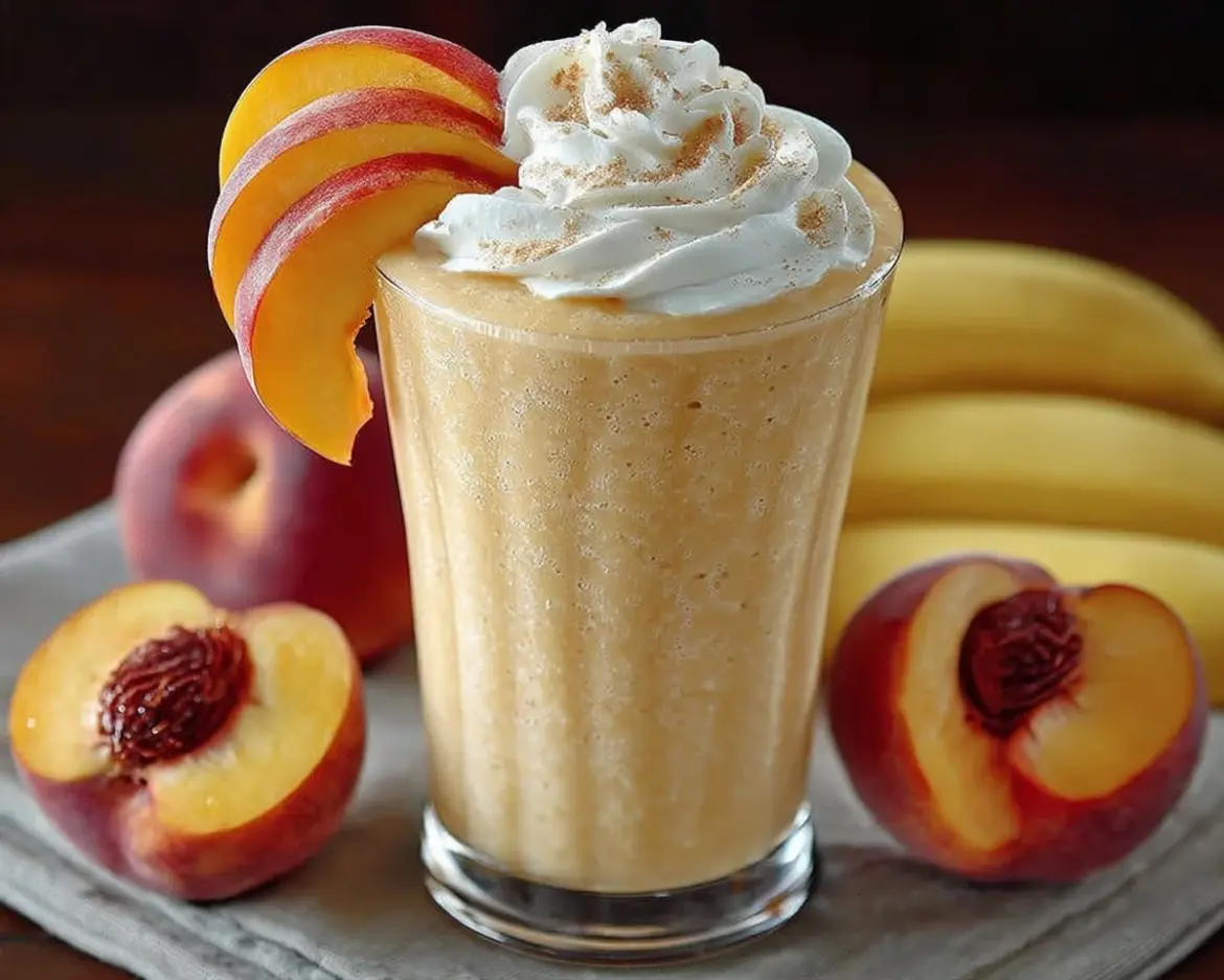 Delicious Banana Peach Smoothie in a glass with fresh fruits