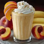 Delicious Banana Peach Smoothie in a glass with fresh fruits