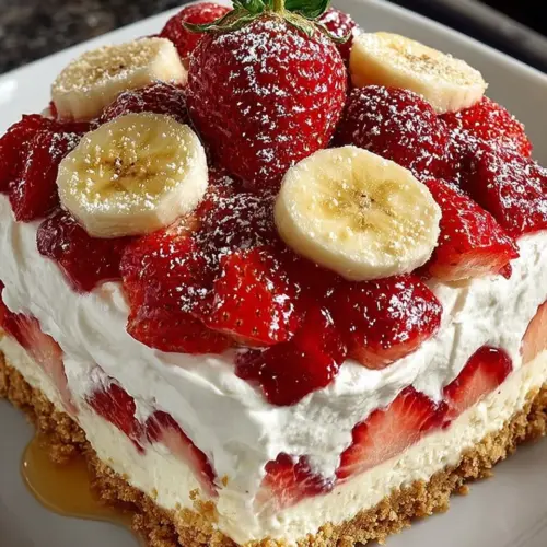 Delicious banana-strawberry cheesecake slice on a plate