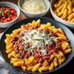 Delicious plate of Beefaroni with pasta and beef in savory tomato sauce