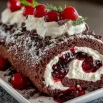 Delicious Black Forest Cream Roll Cake with chocolate and cream layers