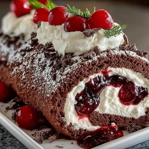 Delicious Black Forest Cream Roll Cake with chocolate and cream layers