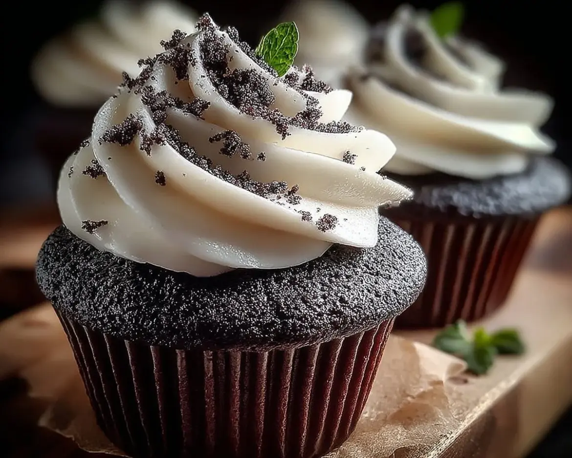 Black Velvet Marshmallow Cupcakes with chocolate frosting and marshmallow topping
