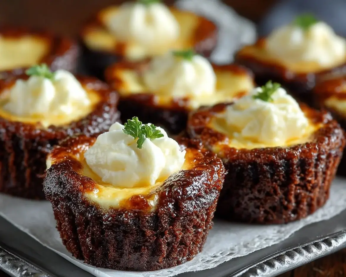 Decadent Blintz Brownie Bites topped with creamy filling and fresh fruit.