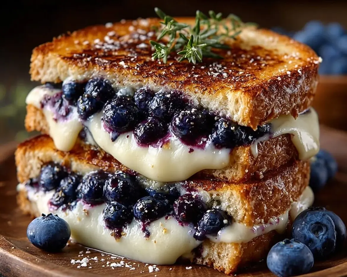 Blueberry grilled cheese sandwich with melted cheese and blueberries on a plate