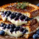 Blueberry grilled cheese sandwich with melted cheese and blueberries on a plate