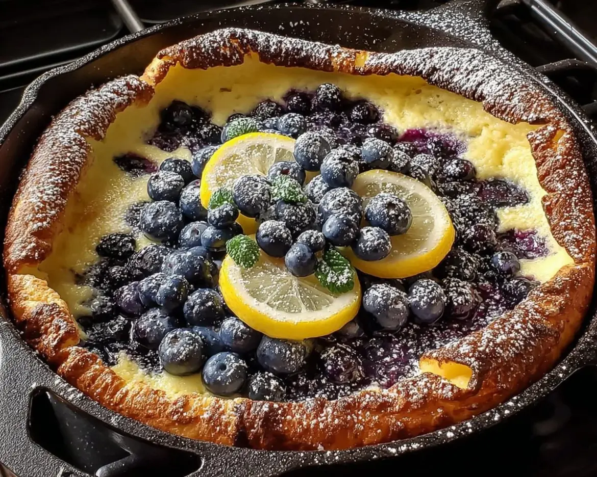 Blueberry Lemon Dutch Baby, a fluffy pancake topped with fresh blueberries and lemon zest
