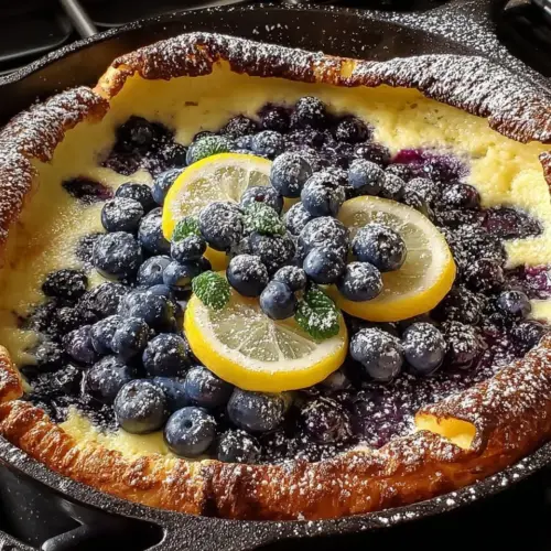 Blueberry Lemon Dutch Baby, a fluffy pancake topped with fresh blueberries and lemon zest