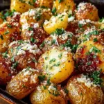 Browned butter roasted potatoes topped with Parmesan cheese served in a bowl