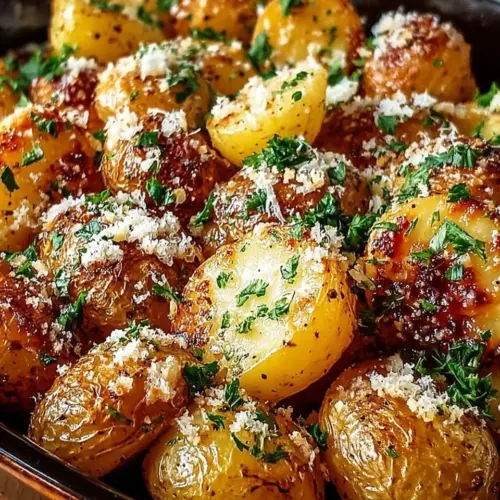 Browned butter roasted potatoes topped with Parmesan cheese served in a bowl