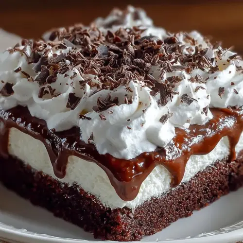 Delicious Brownie Refrigerator Cake topped with chocolate ganache and nuts