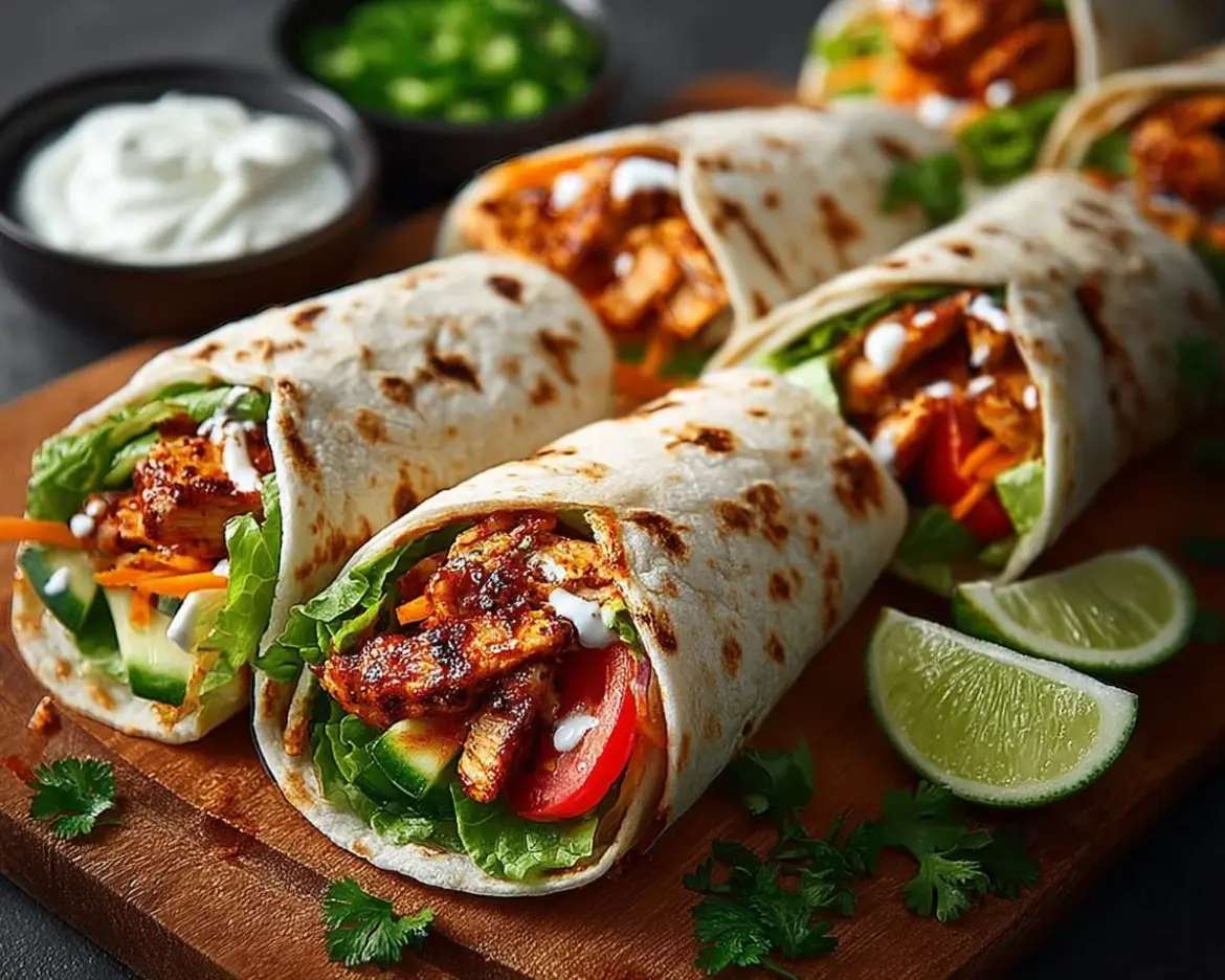 Buffalo chicken wraps filled with spicy chicken and fresh vegetables