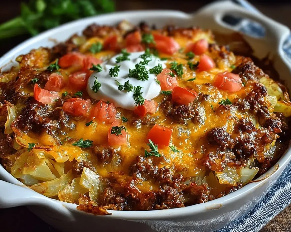 Delicious Cabbage Beef Bake topped with melted cheese and fresh herbs