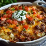 Delicious Cabbage Beef Bake topped with melted cheese and fresh herbs