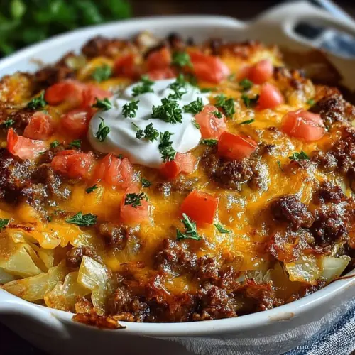 Delicious Cabbage Beef Bake topped with melted cheese and fresh herbs