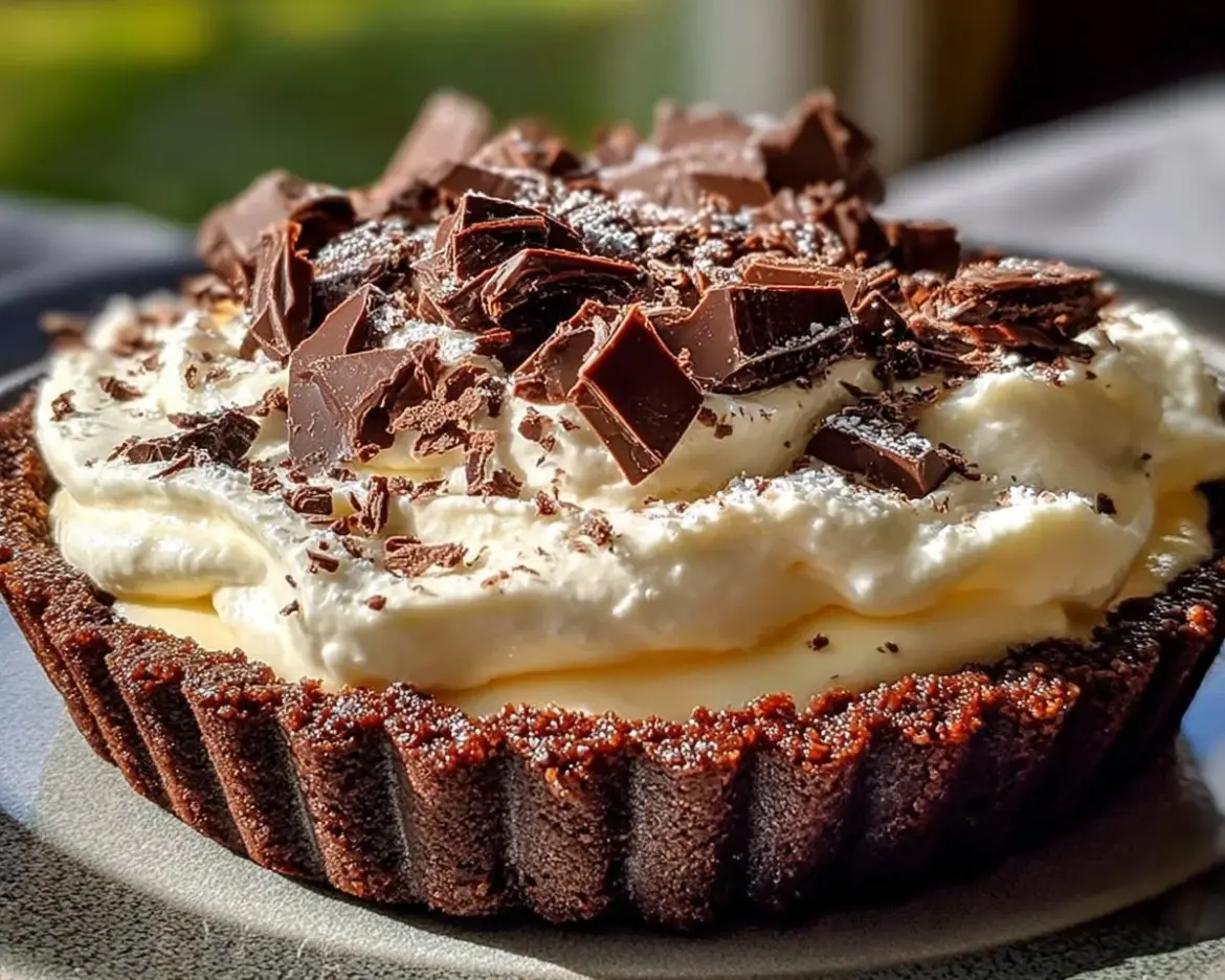 Decadent Cadbury Flake Mousse Tart topped with chocolate flakes