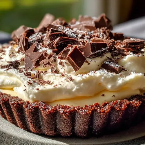 Decadent Cadbury Flake Mousse Tart topped with chocolate flakes