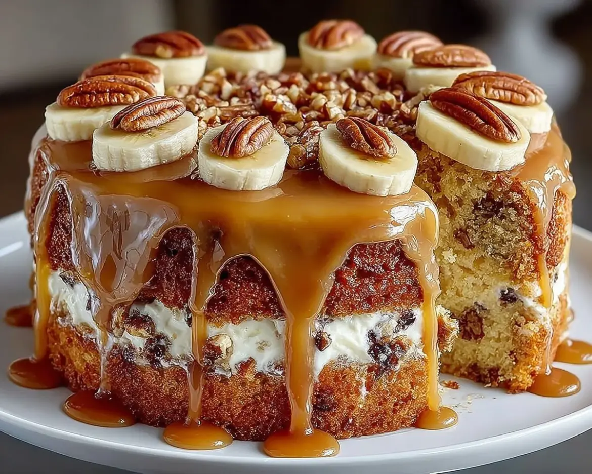 Delicious Caramel Banana Pecan Cake with nuts and caramel drizzle