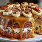 Delicious Caramel Banana Pecan Cake with nuts and caramel drizzle