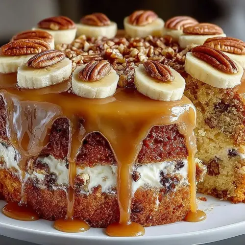 Delicious Caramel Banana Pecan Cake with nuts and caramel drizzle