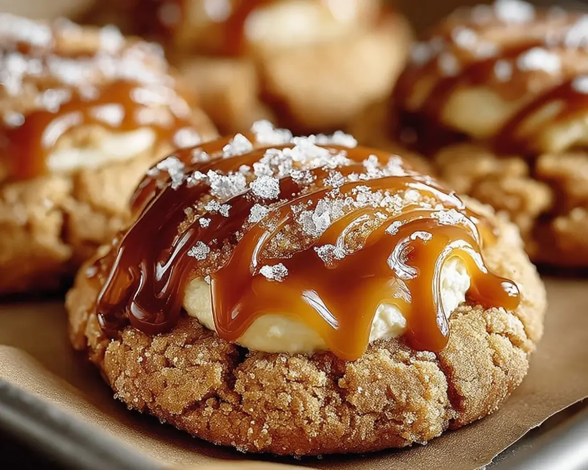 Delicious caramel cheesecake cookies topped with drizzled caramel sauce
