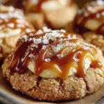 Delicious caramel cheesecake cookies topped with drizzled caramel sauce