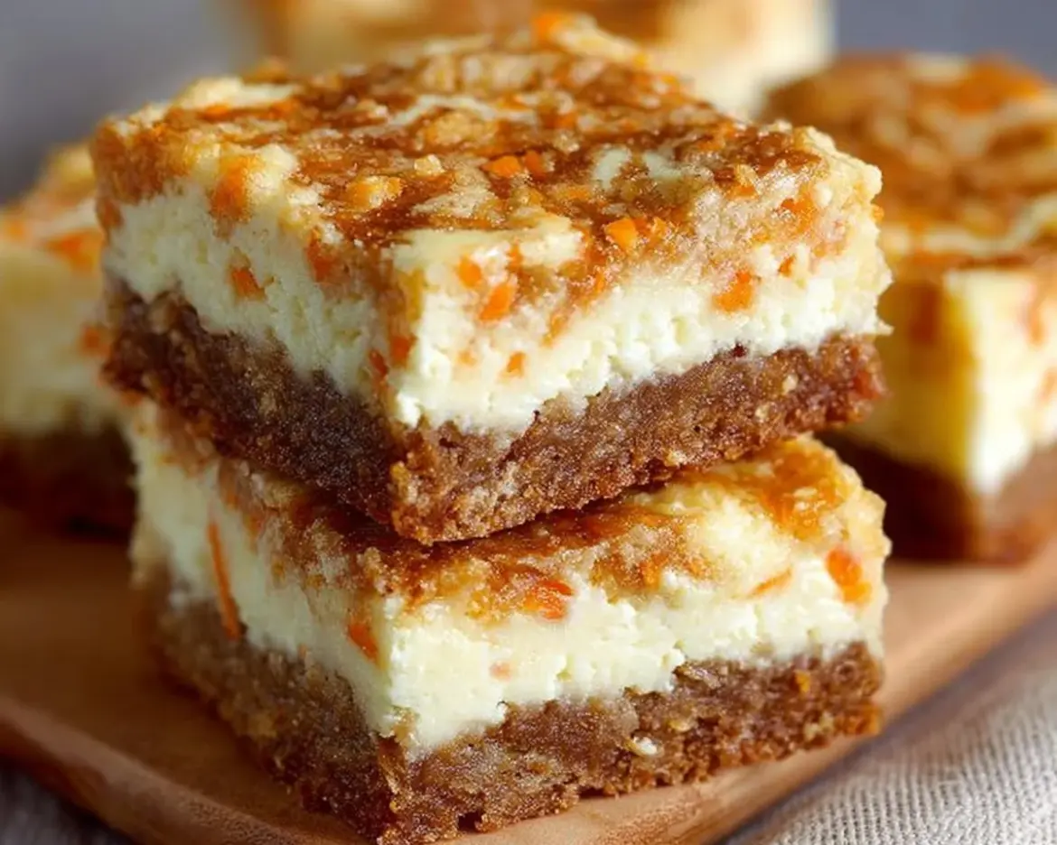 Carrot cake bars topped with a cheesecake swirl on a rustic plate