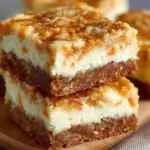 Carrot cake bars topped with a cheesecake swirl on a rustic plate