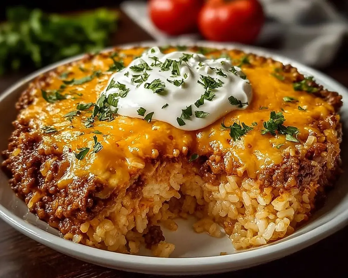 Cheddar-crusted ground beef and rice casserole in a baking dish