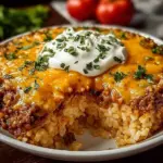 Cheddar-crusted ground beef and rice casserole in a baking dish
