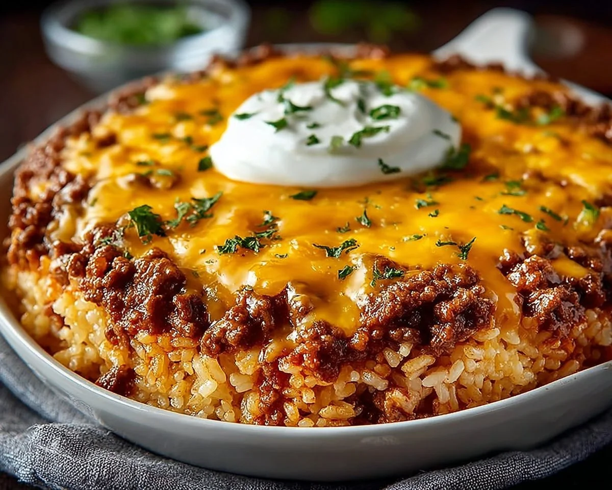 Cheddar-Crusted Ground Beef and Rice Casserole