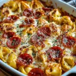 Cheese Tortellini Pepperoni Pizza Casserole ready to serve in a baking dish