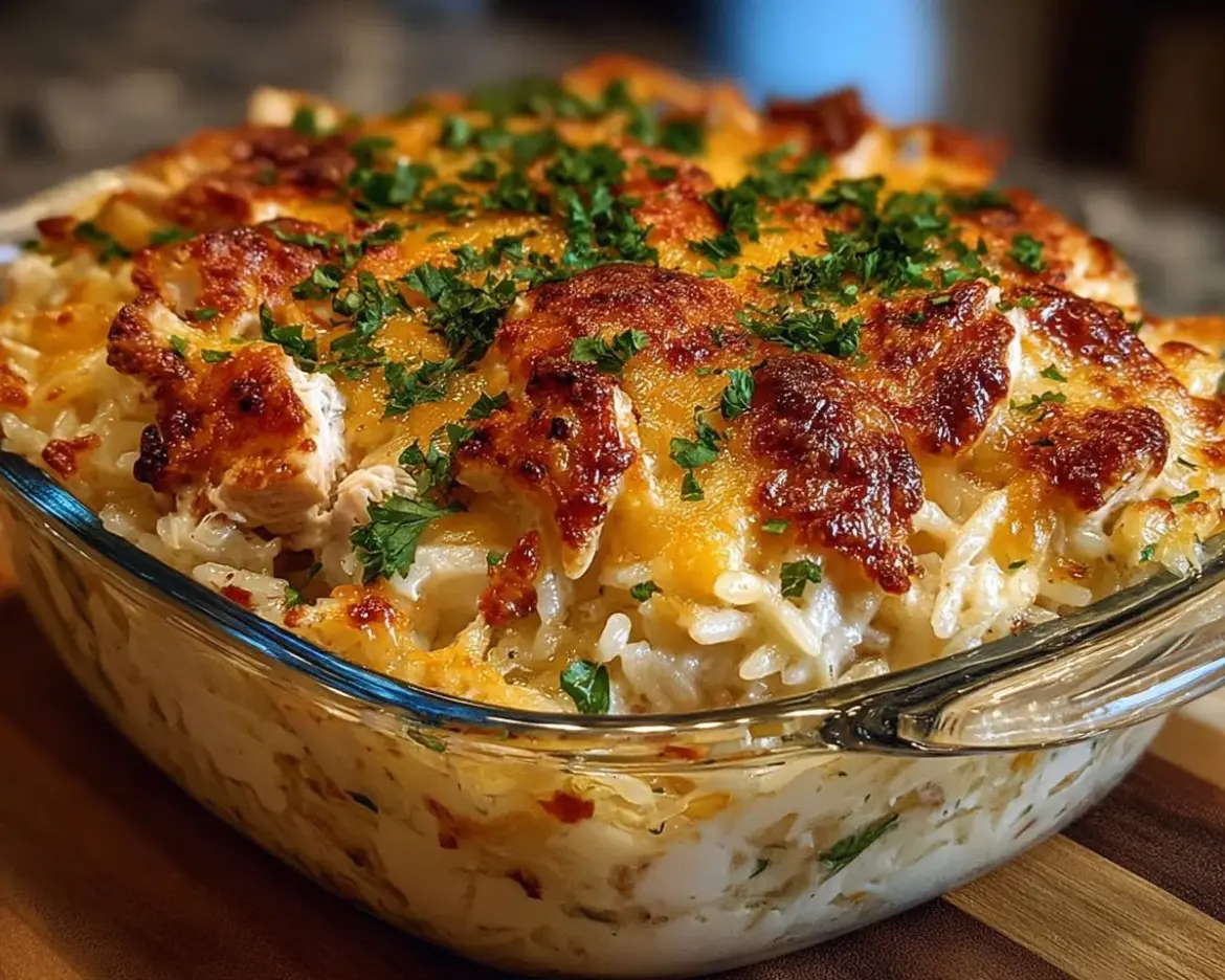 Cheesy Angel Chicken and Rice Casserole topped with herbs and cheese