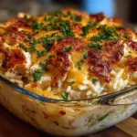 Cheesy Angel Chicken and Rice Casserole topped with herbs and cheese