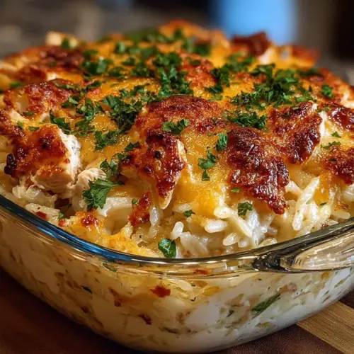 Cheesy Angel Chicken and Rice Casserole topped with herbs and cheese