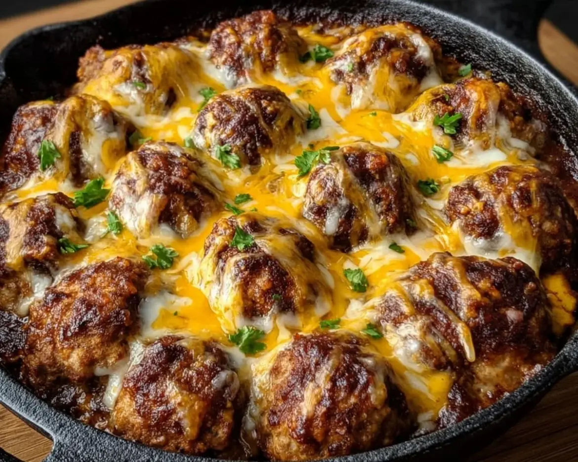 Cheesy enchilada meatball bake topped with melted cheese and fresh garnishes