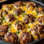 Cheesy enchilada meatball bake topped with melted cheese and fresh garnishes