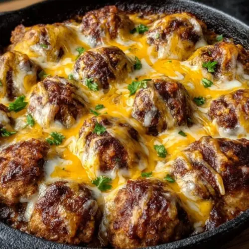 Cheesy enchilada meatball bake topped with melted cheese and fresh garnishes