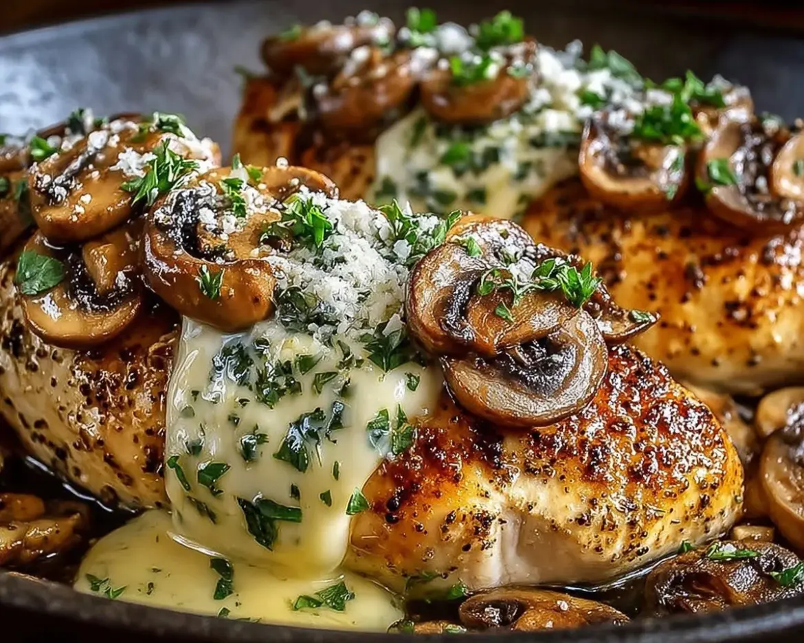 Cheesy Garlic Butter Mushroom Stuffed Chicken plated with herbs and side dishes