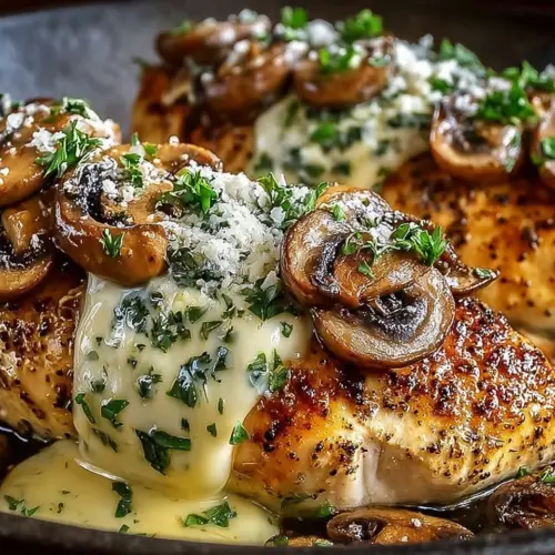 Cheesy Garlic Butter Mushroom Stuffed Chicken plated with herbs and side dishes
