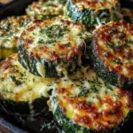Cheesy garlic zucchini steaks garnished with herbs and served on a plate.