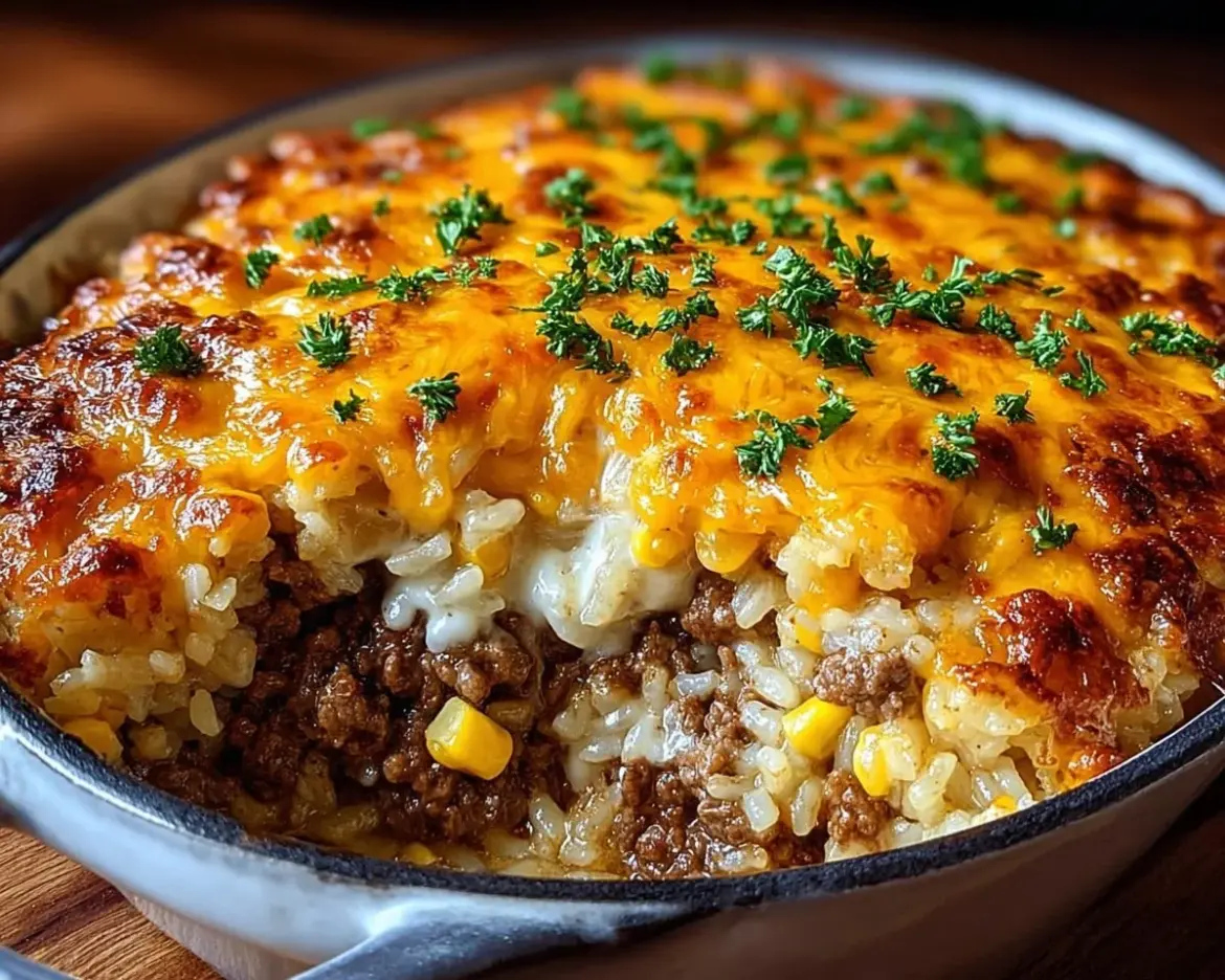 Cheesy ground beef and rice casserole served in a dish