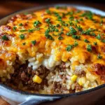 Cheesy ground beef and rice casserole served in a dish