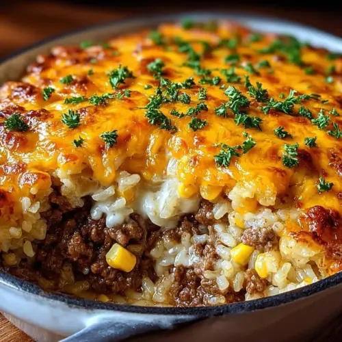 Cheesy ground beef and rice casserole served in a dish