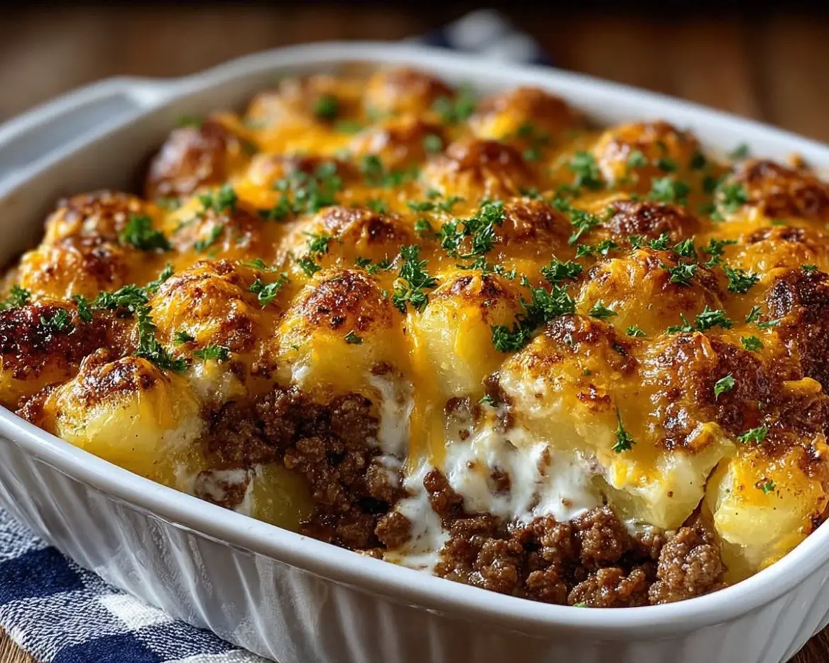 Delicious cheesy hamburger potato casserole served hot in a dish.
