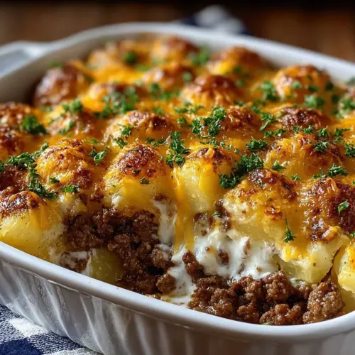 Delicious cheesy hamburger potato casserole served hot in a dish.