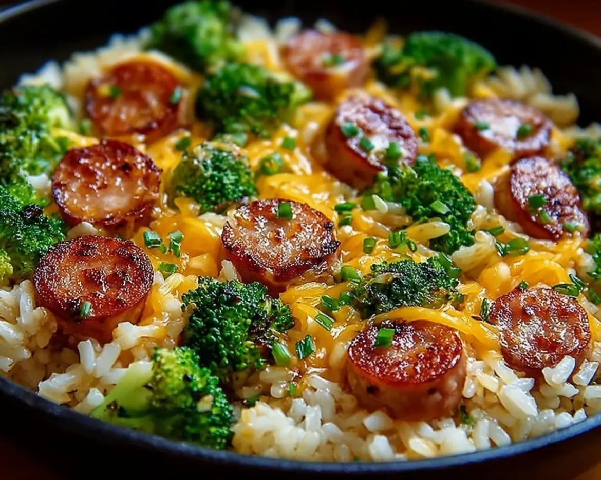 Cheesy Kielbasa Rice and Broccoli Skillet in a serving dish
