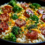 Cheesy Kielbasa Rice and Broccoli Skillet in a serving dish